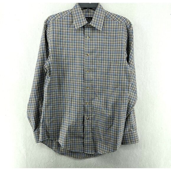 Jos. A. Bank Button-Up Shirt Mens Sz S Blue Brown Gingham Collared Tailored Fit - Picture 1 of 11